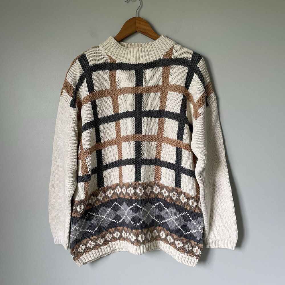 Cricket Lane Vintage Sweater Ramie Cotton Blend Cream Gray Brown Women's Medium